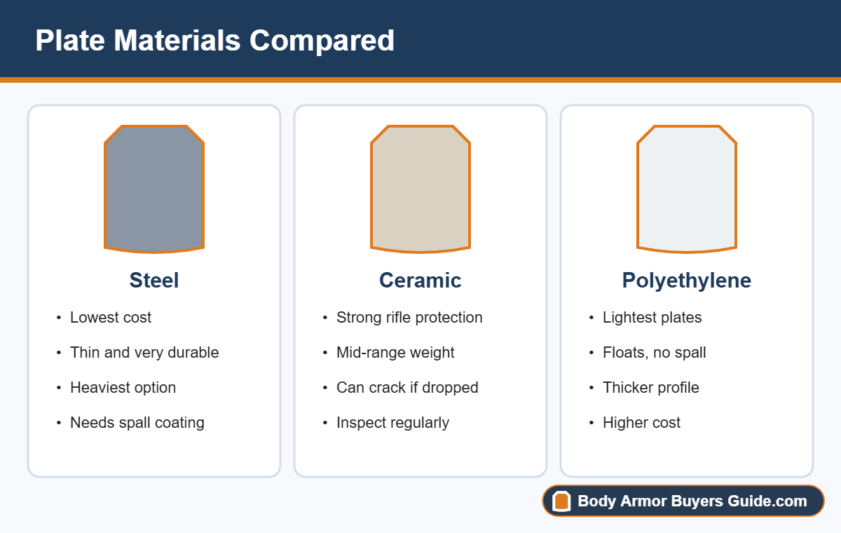Steel, ceramic and polyethylene armor plates compared