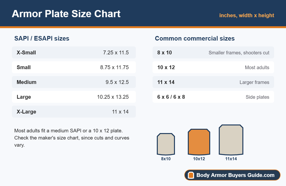 SAPI and commercial armor plate sizes in inches