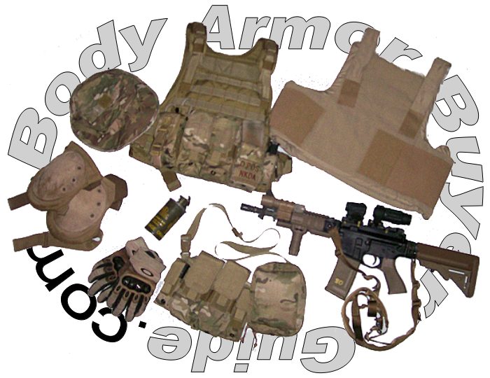 Plate carriers, soft armor vest, helmet, pads and AR15 laid out for Body Armor Buyers Guide