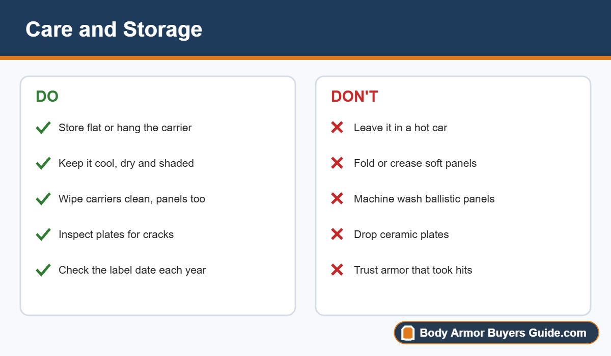 Do and do not list for body armor care and storage