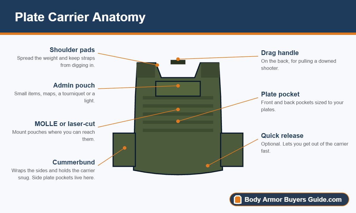 Labeled plate carrier showing shoulder pads, plate pocket, cummerbund and MOLLE