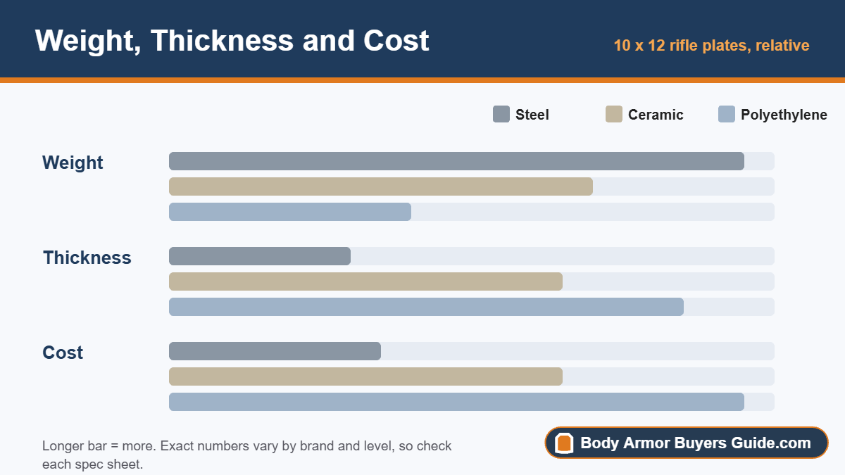 Relative weight, thickness and cost of steel, ceramic and polyethylene plates