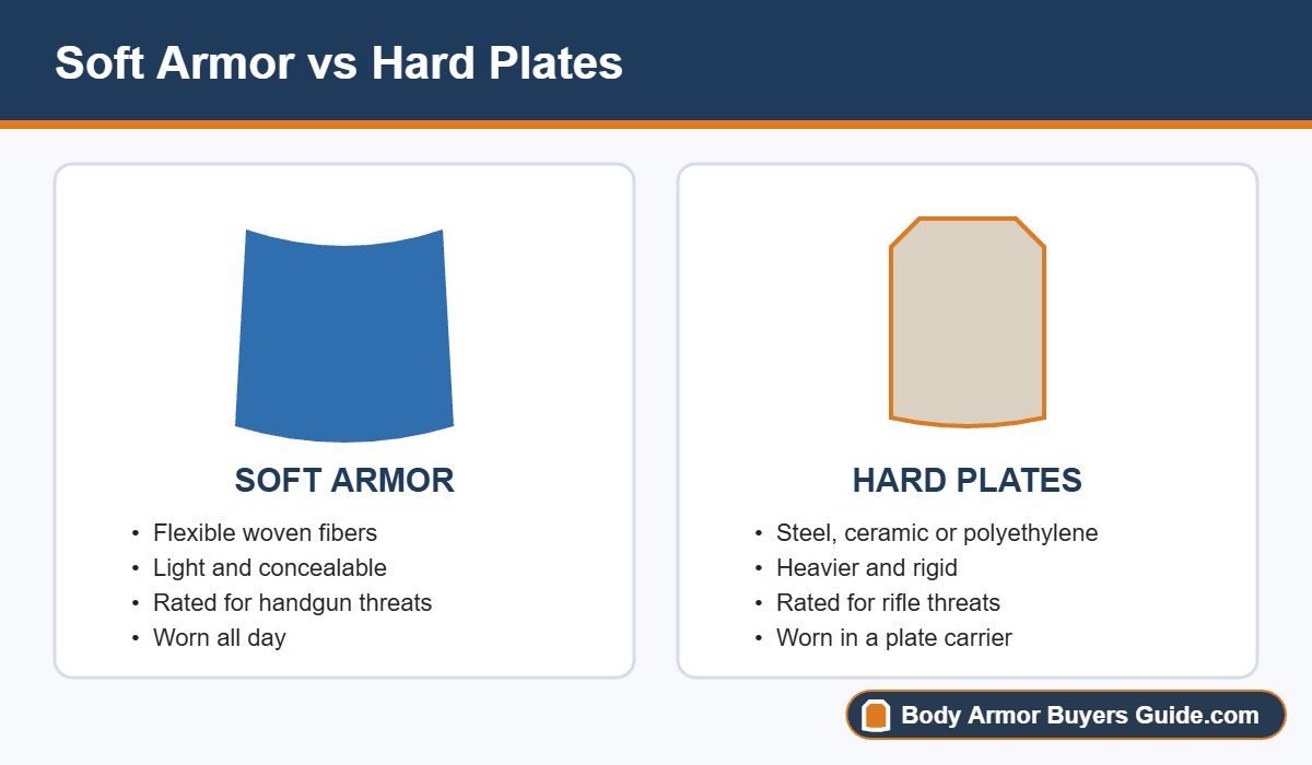 Comparison of soft body armor and hard armor plates