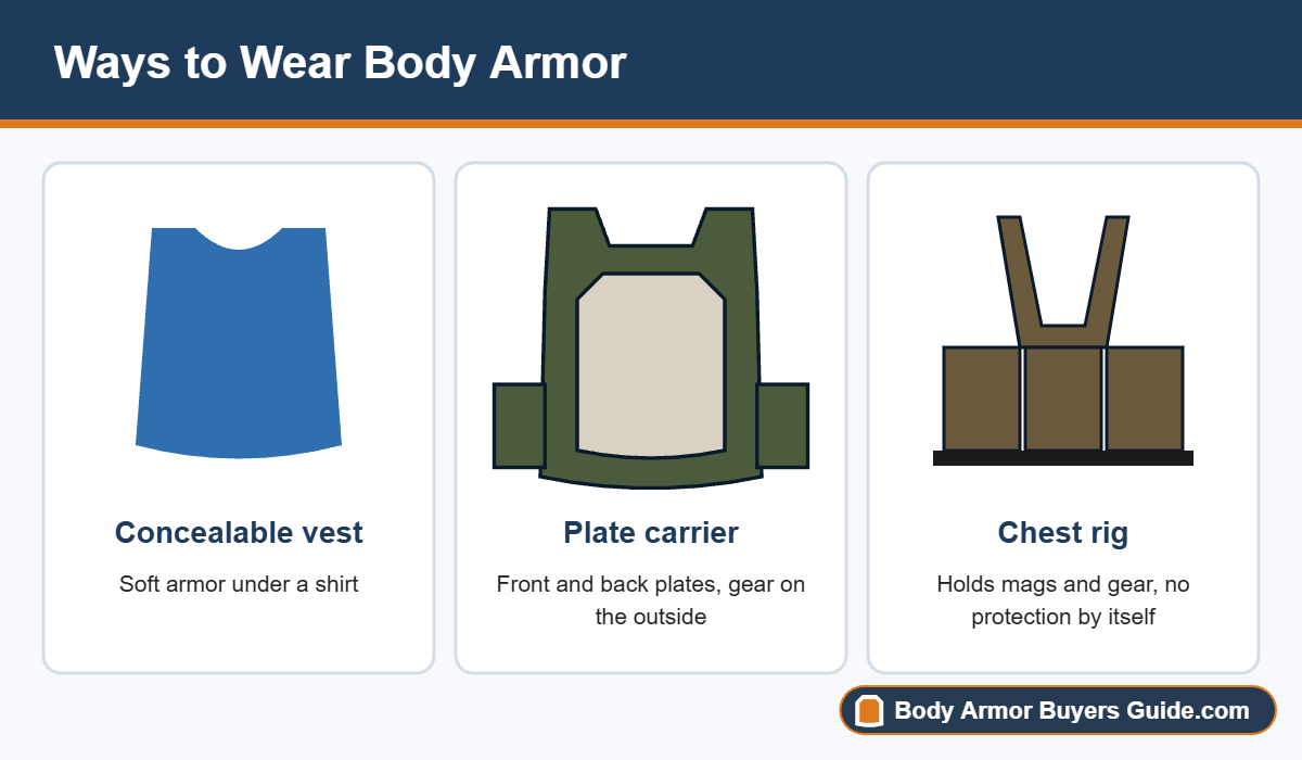 Concealable vest, plate carrier and chest rig